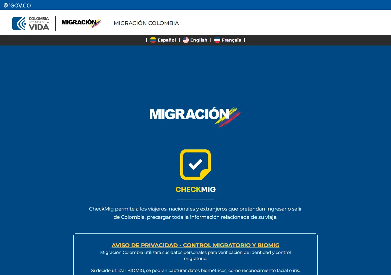 Screenshot of the official entry card website