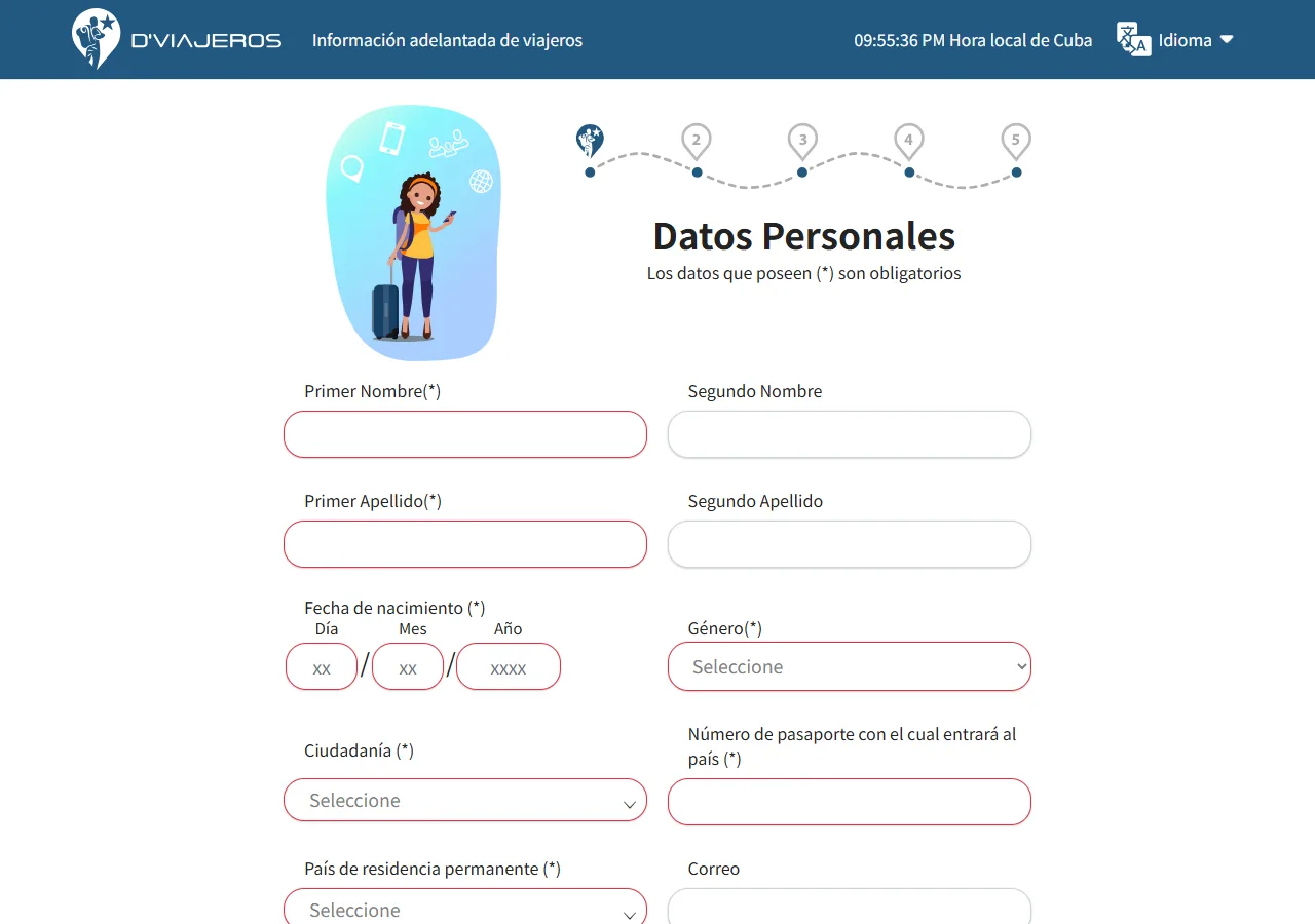 Screenshot of step 2: D'Viajeros personal data form (top)
