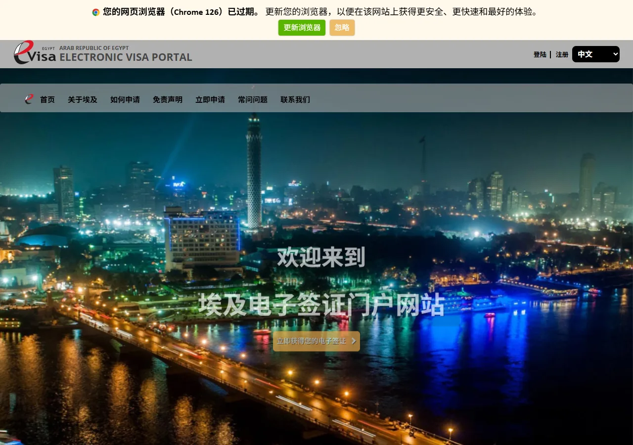 Screenshot of step 1: Egypt e-Visa portal homepage