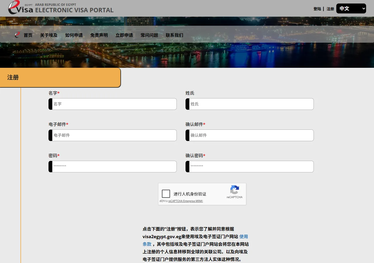 Screenshot of step 3: Egypt e-Visa sign-up page