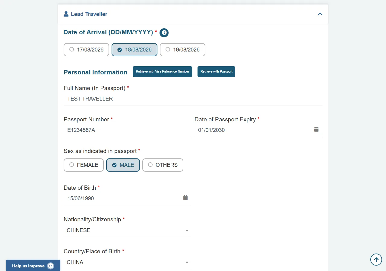 Screenshot of step 3: Arrival Date & Passport Details