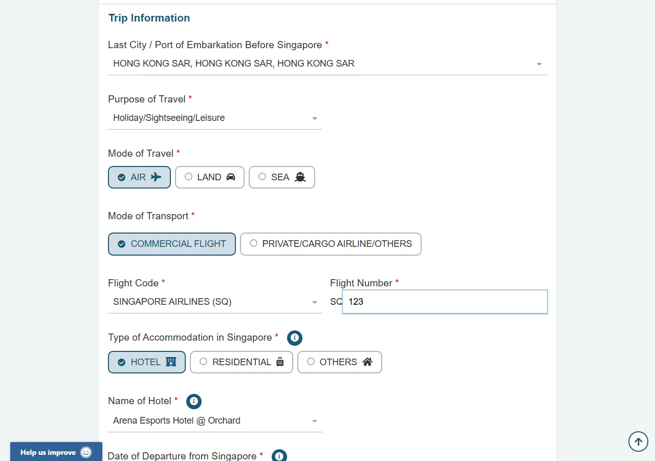 Screenshot of step 5: Trip & Accommodation Details