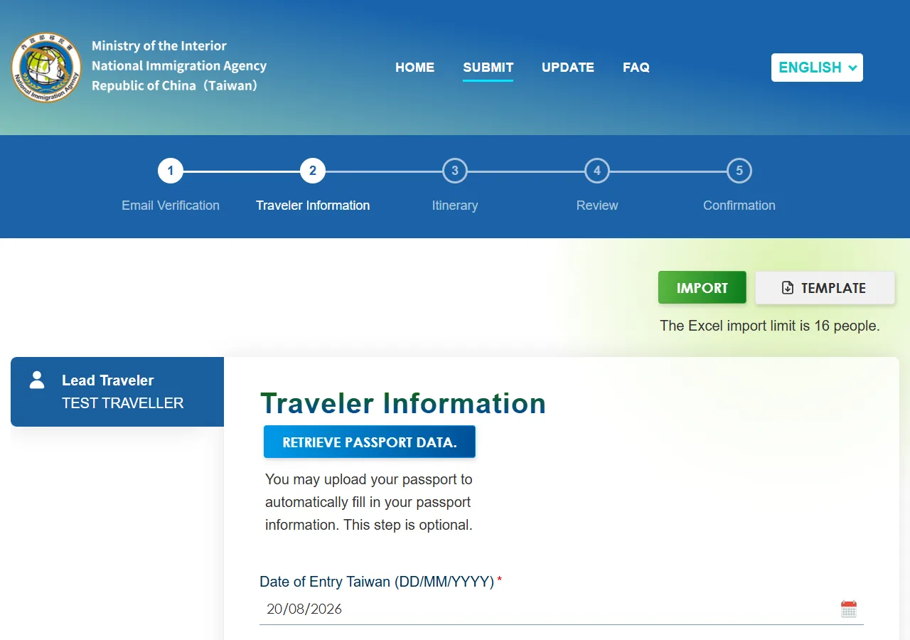 Screenshot of step 4: TWAC traveler information form (top)