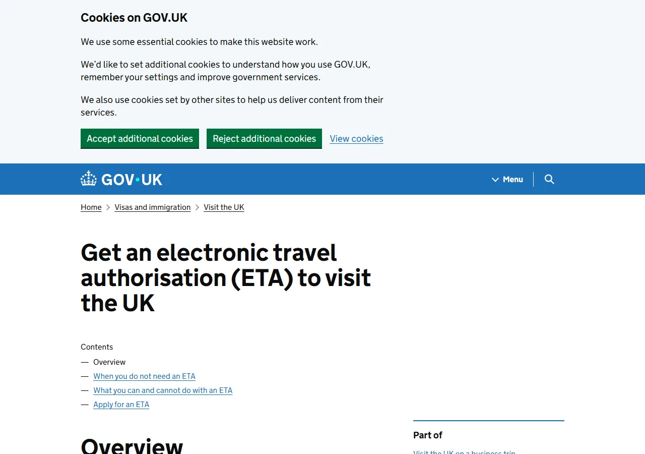 Screenshot of the official entry card website