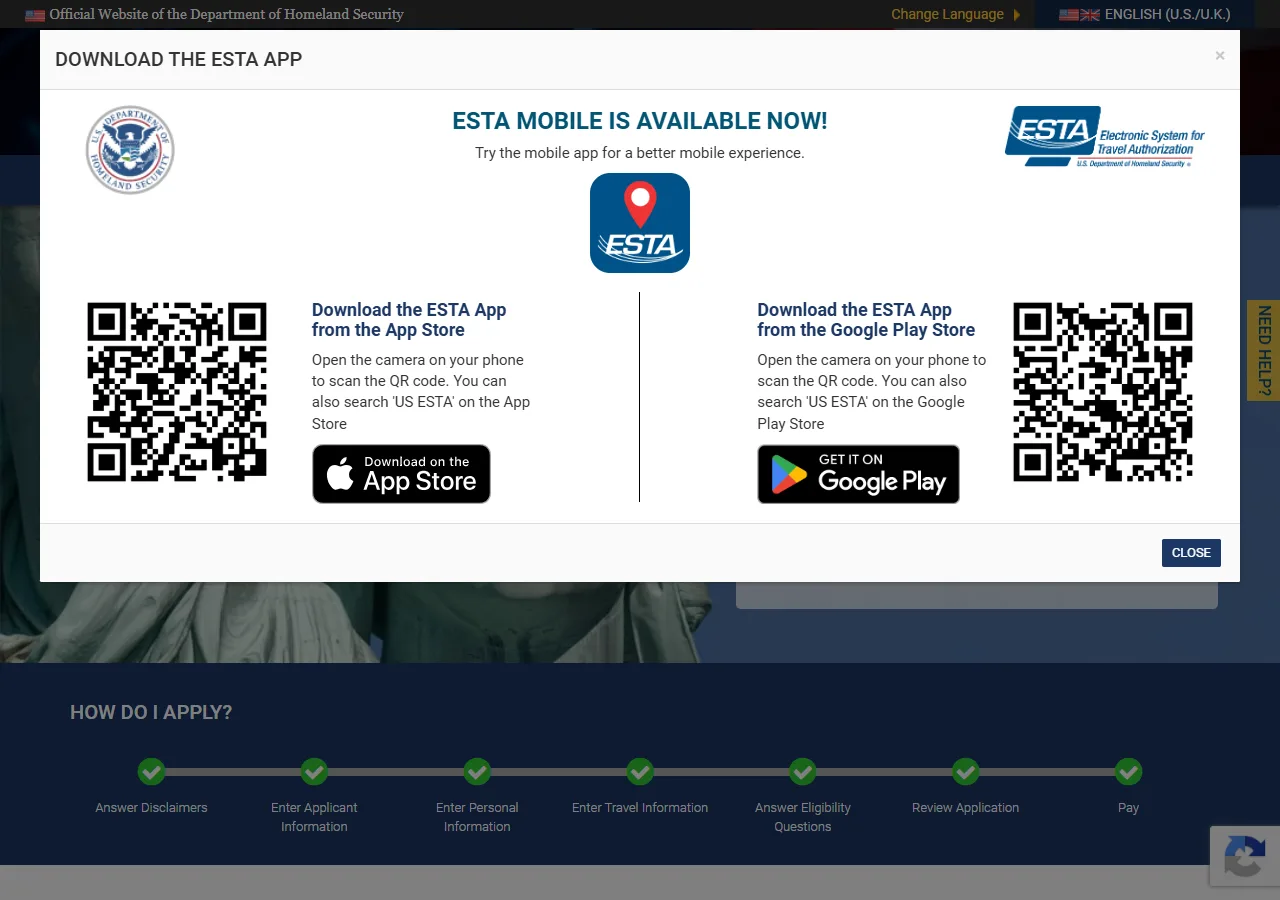 Screenshot of the official entry card website
